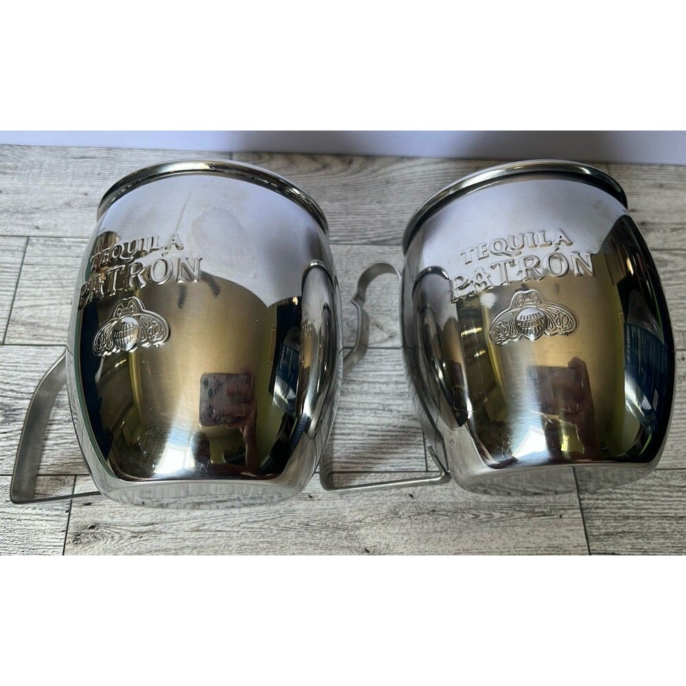 Moscow Mule Stainless Steel Mugs Embossed Bee Logo Tequila Patron Set of 2